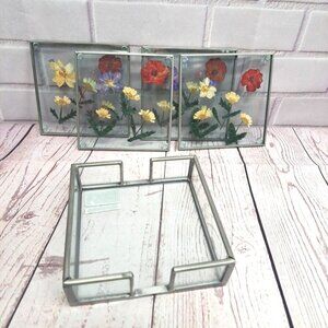 Set Of 4 Vintage Pressed Flower Glass Coasters With Metal Holder By Burnes Of Bo